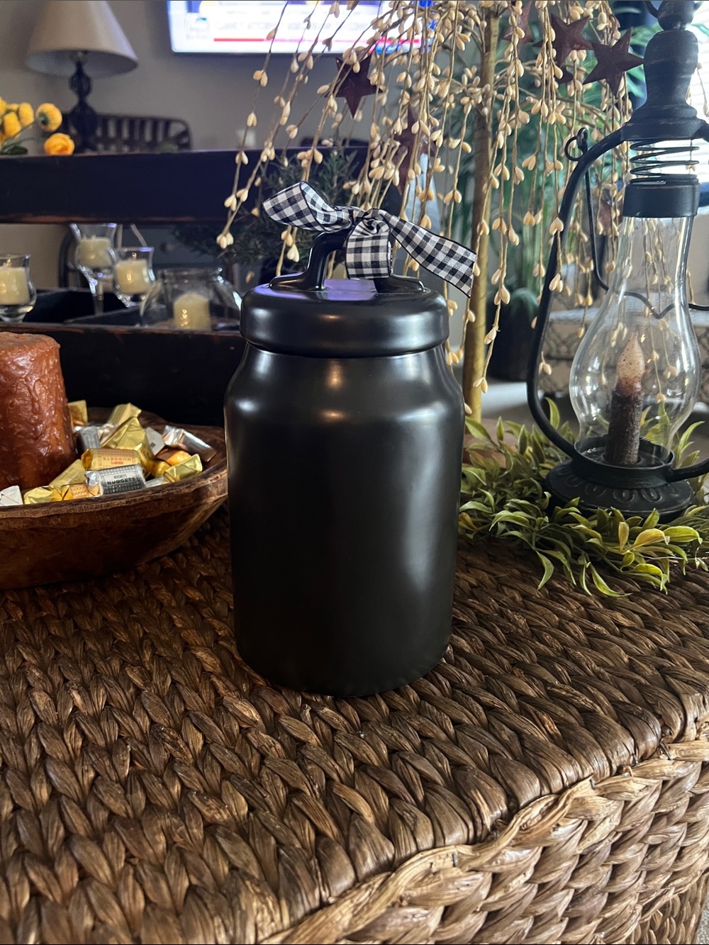 Rae Dunn Black 'TREATS' Ceramic Canister with Gingham Bow - Picture 2 of 3